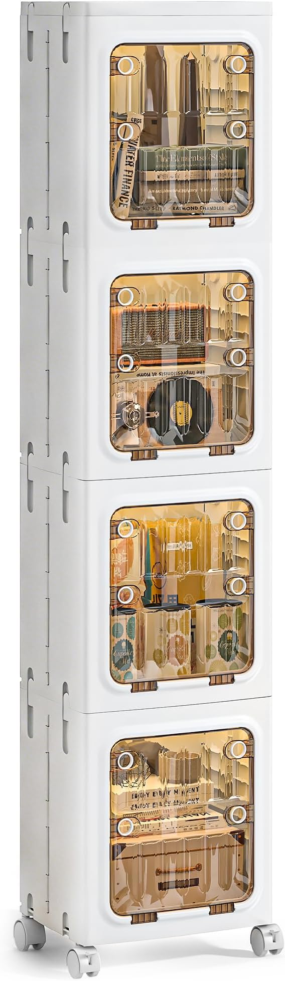 VECELO 188 QT Stackable Storage Bins with Lids, Tall Slim 4-Tier Organizer with Wheels, Lockable Clear Doors, Foldable Storage Cabinet for Kitchen, Bathroom, Laundry & Bedroom