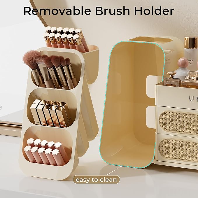 Makeup Organizer for Vanity with Brush Holder, Large Plastic Bathroom Countertop Skincare Organizer with 2 Drawers, Spacious Cosmetic Display Case for Perfumes, Eyeshadow Palettes, Nail Polishes