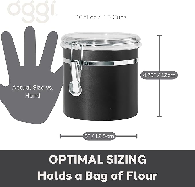 Oggi Stainless Steel Kitchen Canister 36 fl oz, Black - Airtight Clamp Lid, Clear See-Thru Top - Ideal for Kitchen Storage, Food Storage, Pantry Storage. Size 5" x 4.75".