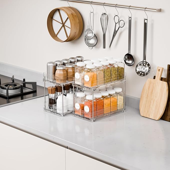 Yieach 2 Tier Sliding Spice Racks for Cabinets,4 Pack 10.4'' Deep Narrow Vertical Spice Rack Pull Out for Inside Cabinets,Kitchen,Pantry,Cupboard Seasoning,Jar Organizer and Medicine Cabinet Storage