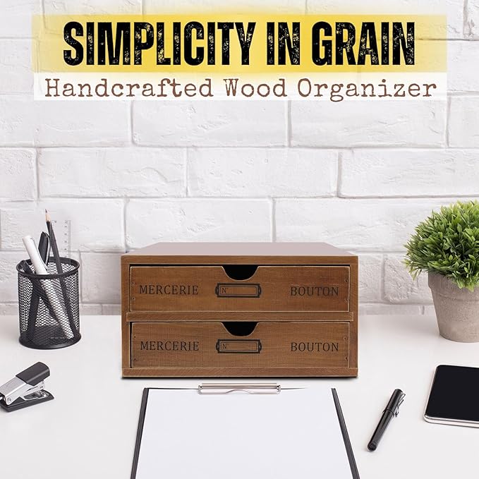 Flexzion Wooden Desktop Office Supplies Organizer with 2 Storage Drawers Set, 2-Tier Wood Tabletop Cabinet, Countertop Desk Accessories Box, for Home Workspace Counter Vanity Decor Art Craft Tool Mail