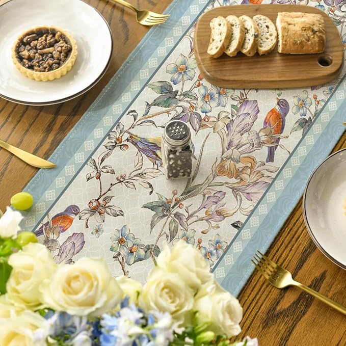 Artoid Mode Blue Birds Flowers Blossom Table Runner, Seasonal Spring Floral Kitchen Dining Table Decoration for Home Party Decor 13x108 Inch