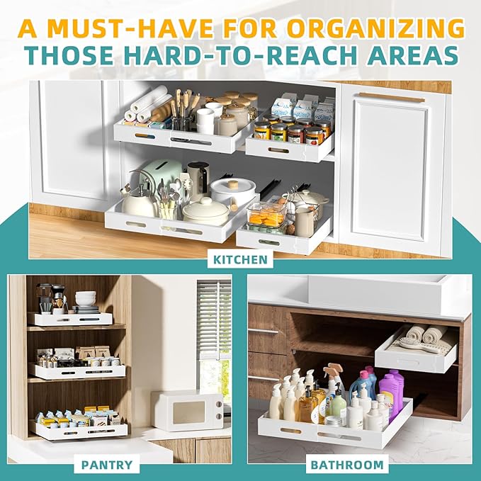 HBL' 2 Pack | 21" Deep Pull Out Cabinet Organizer Adhesive, (13.8" to 22.0") Width Expandable Sturdy Carbon Steel Roll-Out Drawers, Designed for Frameless Cabinets, Slide-Out Shelves for Pantry.