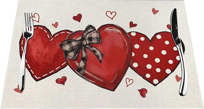Valentine's Place mats Set of 4,12x18 Inches Red Love Heart Valentine's Decor Placemats Rectangle Mother's Day Wedding Anniversary Decoration Table Mats for Party Home Kitchen Dining Table