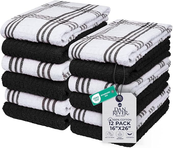 DAN RIVER Premium Kitchen Towels - [Pack of 12] 100% Cotton (16x 26 Inches) -Super Soft,Highly Absorbent, Quick Dry, Dish Towels for Kitchen Towels -Black