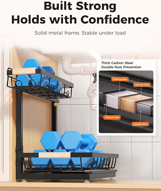 Sevenblue 3 Pack Under Sink Organizer, Height Adjustable 2 Tier Pull-Out Metal Under Kitchen Sink Organizer, Multi-Purpose Storage Shelves for Kitchen Bathroom Cabinet (Black)