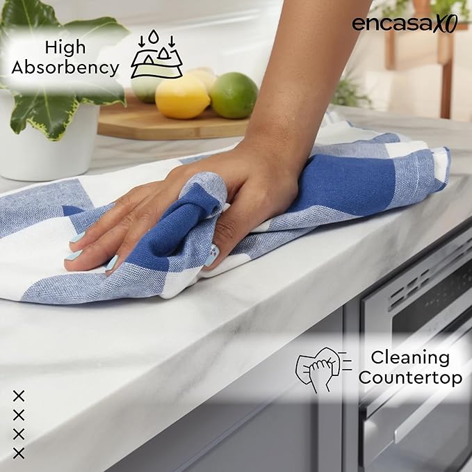 Encasa XO Cotton Kitchen Towel Set | Hand and Tea Cloth for Cleaning & Quick Drying, X-Large 28"x18" (Pack of 4) Highly Absorbent - Buffalo Blue Checks