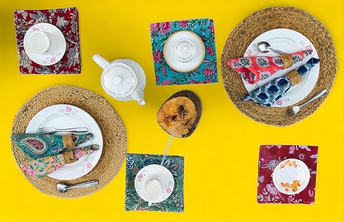 Premium Handblock Cotton Napkin Set, Floral Print, Handmade for Dinner, Event, Thanksgiving (Multicolor, 20x20 Inch -Set of 12)