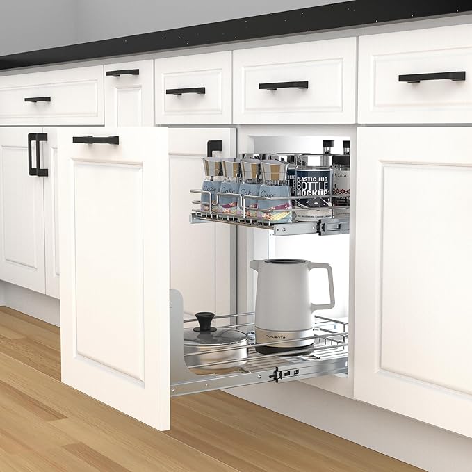 2 Tier Pull Out Cabinet Organizer, 17" W x 21" D Heavy-Duty Metal Sliding Drawer Shelf for Kitchen Cabinets, Chrome, Doesn't Include Door Fittings