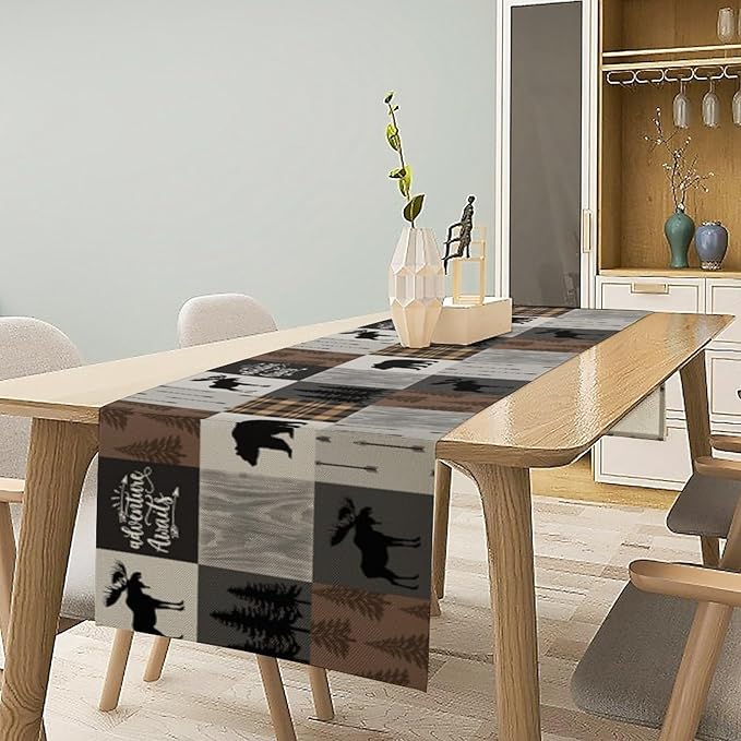 Rustic Cabin Bear Table Runner Retro Deer Moose Hunting Country Plaid Art Printed Runner for Home Kitchen Dining Table Living Room Decor Fabric 1 Panel W13xL36in