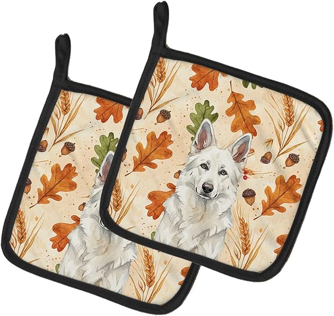 Caroline's Treasures White German Shepherd Heirloom Fall Pair of Pot Holders Pair 7.5x7.5 Quilted Insulated Hot Pads Decorative Kitchen Gift Made in USA