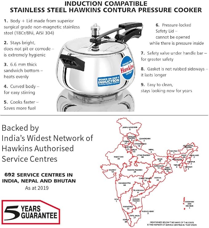 Hawkins 5 Litre Contura Pressure Cooker, Stainless Steel Inner Lid Cooker, Handi Cooker, Induction Cooker, Silver (SSC50)