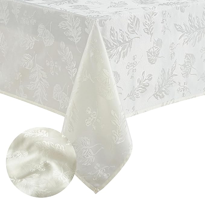 Elrene Home Fashions Elegant Woven Leaves Jacquard Damask Wrinkle Resistant Tablecloth, 60" x 120", Oblong, Ivory