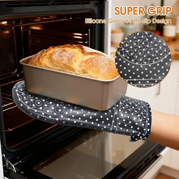 Silicone Oven Mitts Set Heat Resistant 2PCS Kitchen Mittens with Soft Cotton Lining Long Waterproof Non-Slip Oven Gloves for Cooking, BBQ, Baking