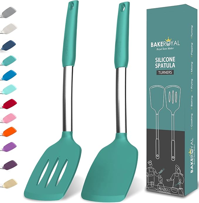BakeRoyal Silicone Spatula Set - Turner Spatulas Silicone Heat Resistant 600°F - Slotted & Solid Spatula for Cooking Fish, Eggs, Pancakes Flipper – Spatulas for kitchen use – Turquoise