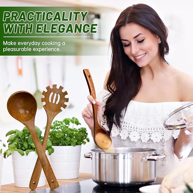 2PCS Wooden Ladle Set, wood ladle and Wooden Pasta Spoon with Hole, Durable Natural Wood, Non Scratch Cooking Tools for Soup, Pasta and Stirring