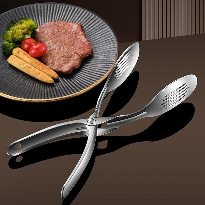 Kitchen Metal Tongs, Heat-Resistant 600C 304 Stainless Steel Cooking Tongs, Perfect for Food, Steak, Bread, Pizza, Salads and BBQ, Stable Clamping and Flipping Performance