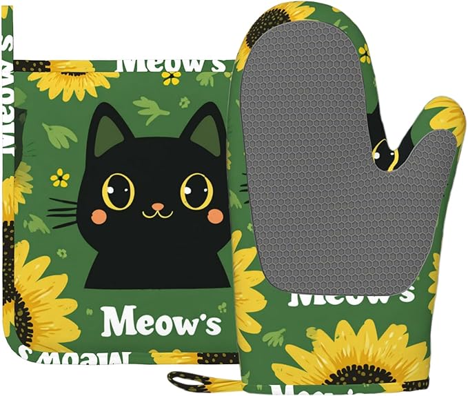 Black Cat Oven Mitts and Pot Holders Sets Cartoon Sunflower Silicone Heat Resistant Kitchen Oven Gloves Pot Holder for Cooking Baking Grilling BBQ