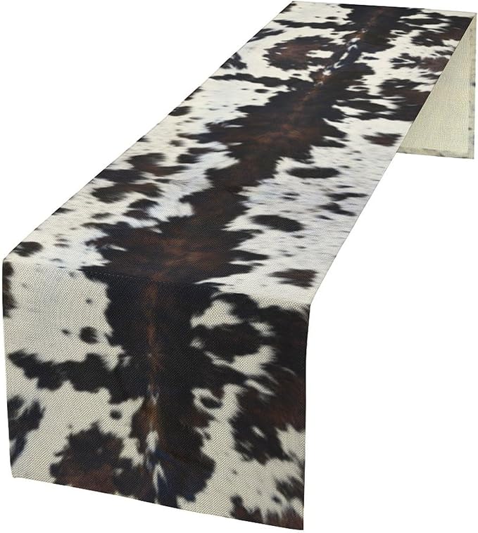 Cow Print Table Runner Country Farmhouse Cottage Brown Cowhide Print Art Printed Runner for Home Kitchen Dining Table Living Room Decor Fabric 1 Panel W13xL90in