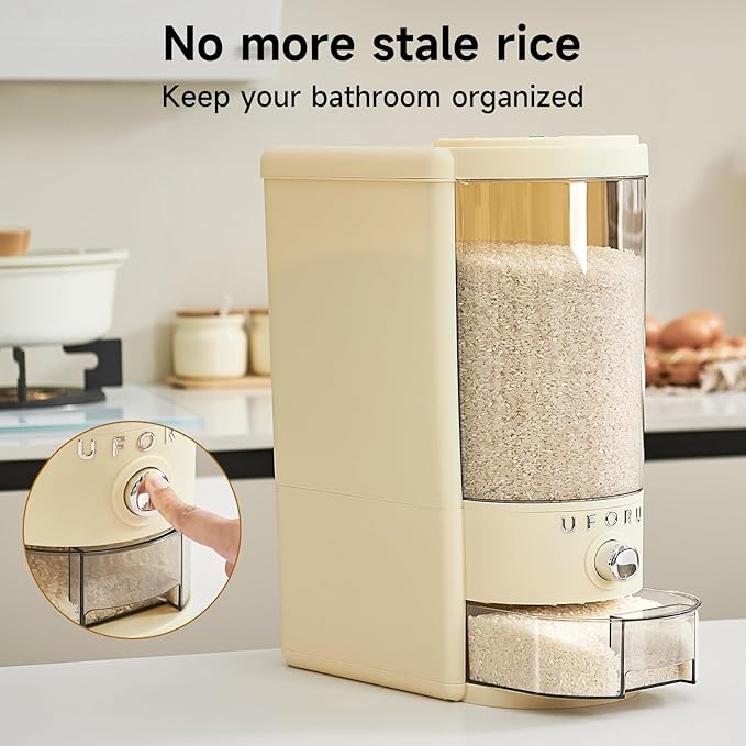 Rice Dispenser 20 lbs | Large Rice Storage Container for Kitchen&Pantry - Space-saving, Moisture & Pest-proof, BPA-Free - Dry Food Dispenser with One-Touch Dispenser & Measuring Cup for Families