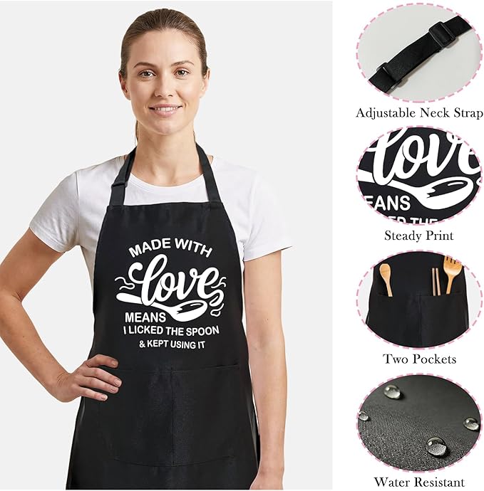 Black Baking Aprons for Women, Adjustable Cooking Baking Kitchen Aprons for Mom Chef with Pockets