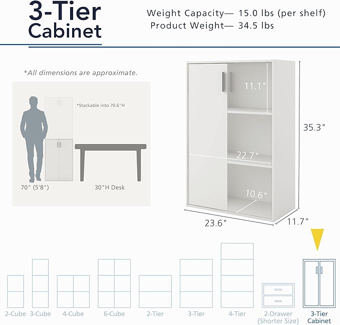 Homes: Inside + Out Apexa 3-Tier Stackable Wood Bookcase with Doors, Cube Storage Organizer Shelves, Small Food Pantry Cabinet, Dorm Teen Room Decor & Bedroom, Home Office, Kitchen, Light Blue