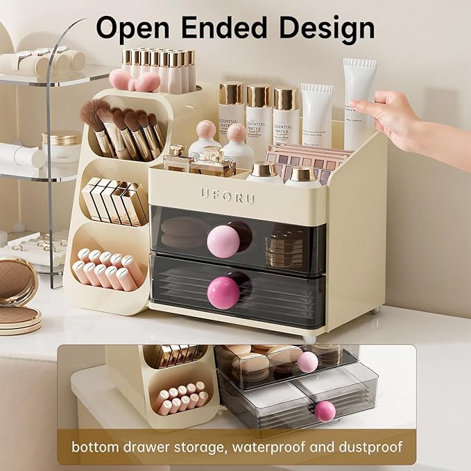 Makeup Organizer for Vanity with Brush Holder, Large Plastic Bathroom Countertop Skincare Organizer with 2 Drawers, Spacious Cosmetic Display Case for Perfumes, Eyeshadow Palettes, Nail Polishes