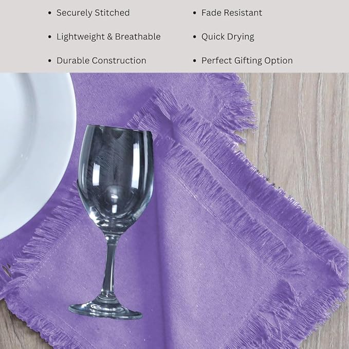 Cloth Dinner Napkins with Fringes 20x20 Inch 100% Cotton Set of 6 - for Dining Special Occasions Wedding Holidays Easter - Soft Durable Washable - Elegant Table Cloth Napkins Lavender/Purple