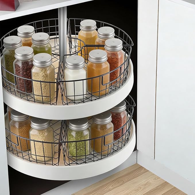 4 Pack Metal Lazy Susan Organizer Baskets with Handles – 1/4 Wedge Wire Storage Bins for 24" Lazy Susan Turntable, Kitchen Cabinet & Pantry Organizer, Black