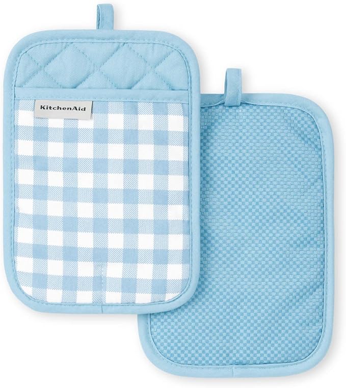 KitchenAid Gingham Pot Holder 2-Pack Set, Blue Velvet, 7"x10"