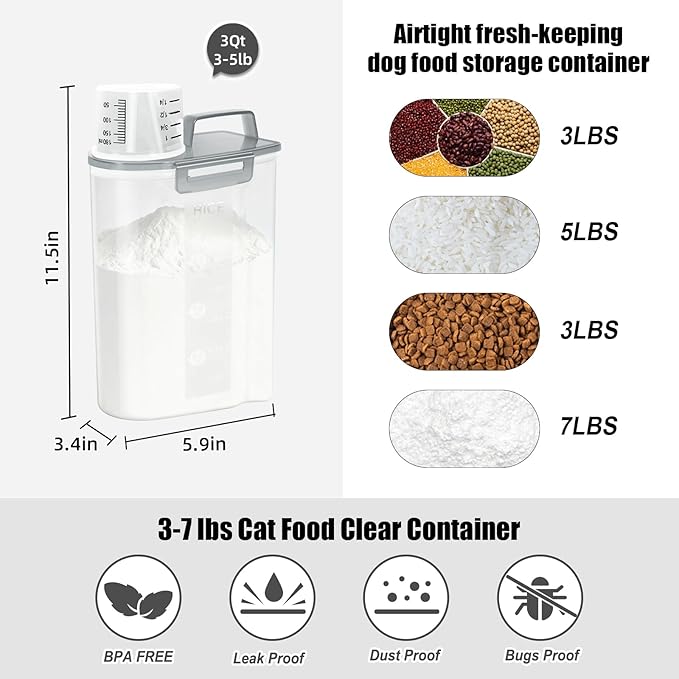 LEAWALK Airtight 3.5LBS Rice/Cereal/Dry Food Storage Container BPA Free, 2.11Qt Clear Plastic Kitchen and Pantry Organization Bin Suitable for Oats, Flour, Sugar, Pasta, Pet Food, etc (Clear Grey)