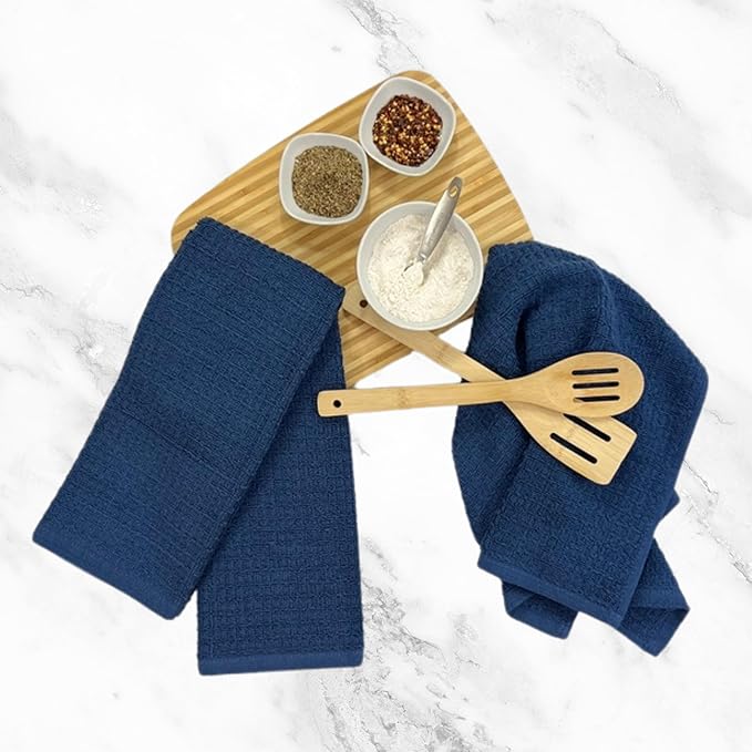Serafina Home Waffle Blue Kitchen Dish Towels 100% Cotton Cloth Soft Cleaning Drying Absorbent Terry Box Loop: Set of 3 Multipurpose for Everyday Use, 18" x 28" (Blue Box)