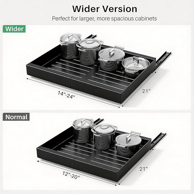 Pull out Cabinet Organizer, Wider Expandable(14"-24") Heavy Duty Slide out Drawers Fixed with Adhesive Nano Film for Pots and Pans, Roll out Shelf Storage for Kitchen Base Organization(Black)