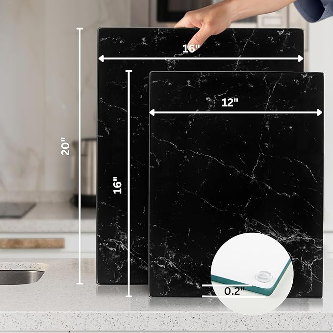 Kitchenville Glass Cutting Board 16"x12": Tempered Glass Kitchen Counter Protector - Durable- Scratch-Resistant, Heat-Proof - Design 1 - Black Marble Effect