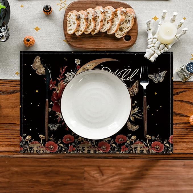 Artoid Mode Wild and Free Moon Flower Placemats Set of 4, 12x18 Inch Seasonal Vintage Farmhopuse Table Mats for Party Kitchen Dining Decoration