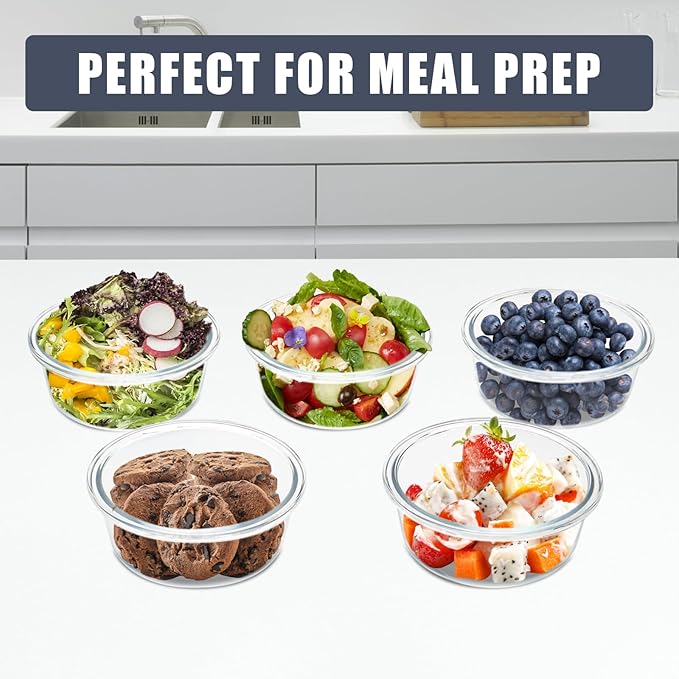 6Pack 13oz Glass Meal Prep Containers, Small Round Glass Food Storage Containers Sets with Snap Leak Proof Lids for Microwave, Freezer and Dishwasher Safe (Grey, 13oz)
