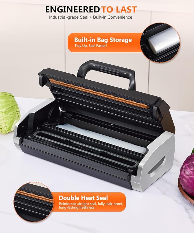 95KPa Vacuum Sealer Machine- Fully Automatic Commercial Food Sealer with 10-in-1 System, Double Heat Seal, Easy-Lock Handle & Built-in Cutter, Includes 1 Roll + 15 Bags (Black Silver)