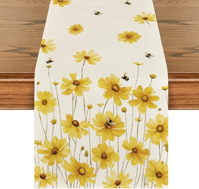 Artoid Mode Yellow Flowers Daisy Bees Summer Table Runner, Seasonal Easter Fall Holiday Kitchen Dining Table Decoration for Home Party Indoor 13x120 Inch
