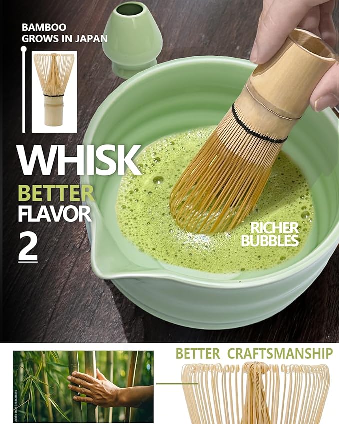 Taruzil Matcha Whisk Set with Matcha Bowl, Matcha Bamboo Whisk, Scoop, Sifter, Matcha Kit Holder Unique Gifts for Women Men Girl Friend Home Kitchen Decor Gifts for Christmas, Birthday（Light Green）