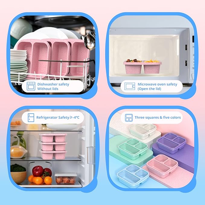 Snack Boxes (3 Pack) - Stackable Bento Boxes with 3 Compartments, Meal Prep Containers Reusable, Lightweight Lunch Containers for Kids and Adults, BPA Free (Pink)