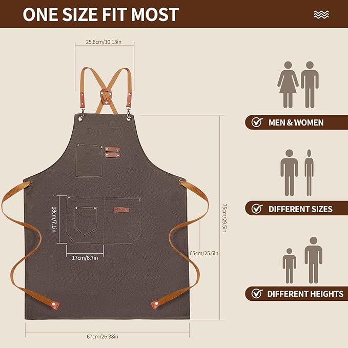 Chef Aprons for Men Women with 4 Large Pockets, Cotton Canvas Cross Back Adjustable Apron for Work grilling kitchen gardening