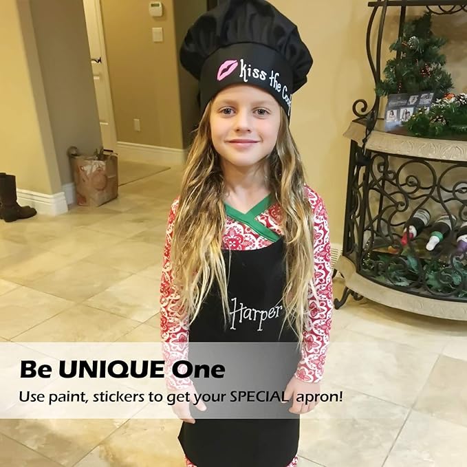 Novelty Place Kid's Apron with Chef Hat Set (3 Set) - Skin-friendly Children’s Bib with Pocket - Cooking, Baking, Painting, Training Wear - Kid's Size (6-12 Year, Black)
