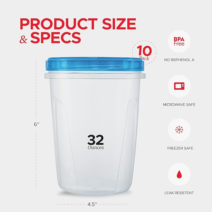 Tafura 10 Pack 32 Oz Freezer Storage Containers Leak-Proof - BPA Free Soup Containers with Lids - Reusable Freezer Containers for Food with Twist Top Lids - Ideal for Meal Prep, Leftovers & Pantry