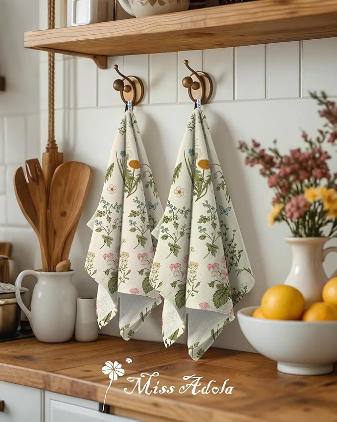 Miss Adola Cotton Kitchen Towels Set of 2 - Cute Design 16×26 Inch Dish Towels for Kitchen with Hanging Loop Line Flower Quick Dry Hand Towels Soft & Absorbent, Decorative Terry Cloth Tea Towels