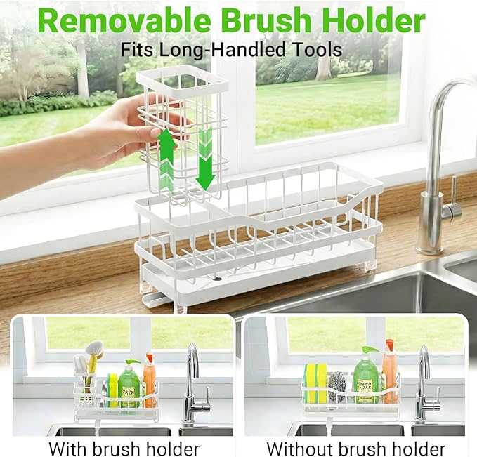 Sponge Holder for Kitchen Sink, Rustproof Sink Caddy Organizer with Dish Brush Holder, Self-Draining Kitchen Sink Organizer Countertop for Soap Dispenser, Scrubber and Sink Storage Essentials, White