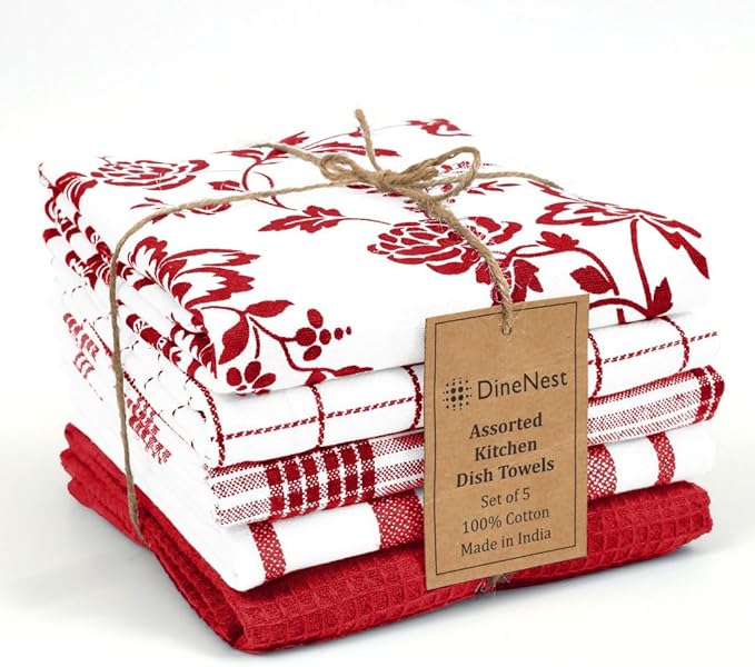 Assorted Kitchen Towels 100% Cotton 16x26 Inch - Super Absorbent, Soft & Quick Drying, Multi-Purpose for Drying & Cleaning, Ideal for Kitchen & Home Use, Set of 5 Low-Lint Dish Towels Red