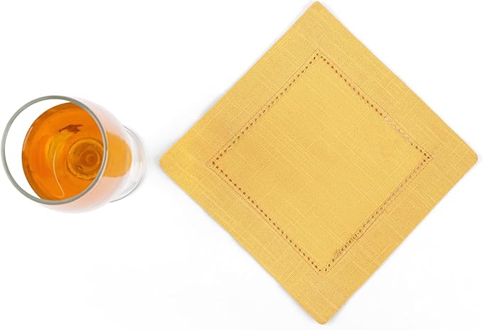 FINGERCRAFT Cocktail Napkins 6 x 6 Inch Premium Quality Cotton, Generous Hemstitch and Mitered Corner Set of 12 Coaster Cloth Gold