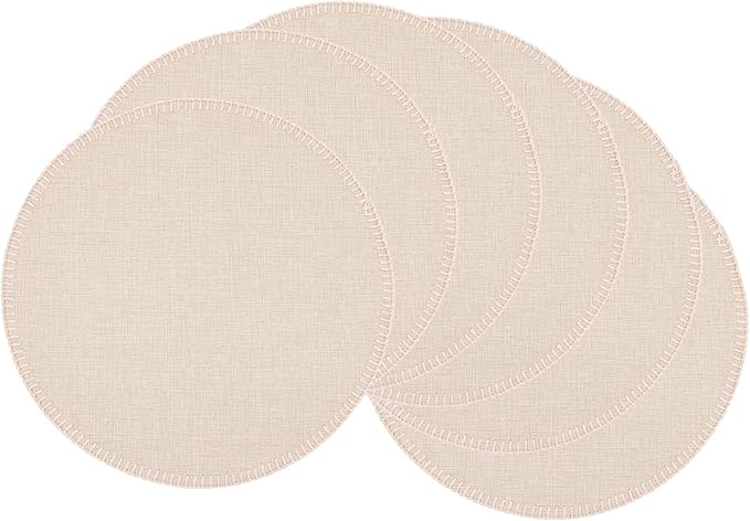 Round Placemats Set of 6, 15 Inch Linen Fabric Table Placemats, Heat Resistant, Wrinkle Free Washable Placemats Kitchen Place Mats Set of 6 for Dining Table Party Table (Beige, 6)