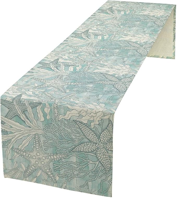 Nautical Table Runner Beach Sea Starfish Coral Art Printed Runner for Home Kitchen Dining Table Living Room Decor Fabric 1 Panel W13xL108in