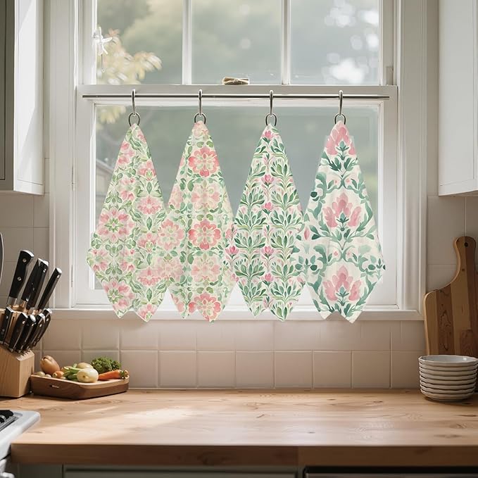 4 Pcs Watercolor Floral Kitchen Towels, Artistic Pink Green Decorative Absorbent Microfiber Dish Cloth Tea Towel, Durable Waffle Hand Towels for Farmhouse Home Bathroom, Housewarming Gifts